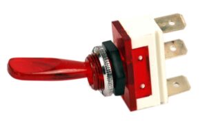 K-FOUR SWITCHES Part Number:  11-110 :  LEVER SWITCH / LIGHTED RED 1 IN LEVER / SINGLE POLE / 12V OFF-ON / 20AMP