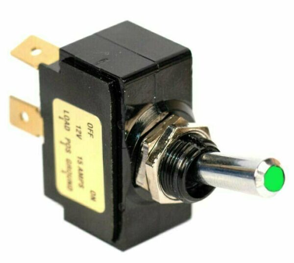 K-FOUR SWITCHES Part Number:  12-146 :  LEVER SWITCH / LIGHTED GREEN TIP /12V OFF-ON / 15AMP