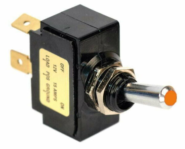 K-FOUR SWITCHES Part Number:  12-147 :  LEVER SWITCH / LIGHTED AMBER TIP /12V OFF-ON / 15AMP