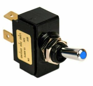 K-FOUR SWITCHES Part Number:  12-148 :  LEVER SWITCH / LIGHTED BLUE TIP /12V OFF-ON / 15AMP