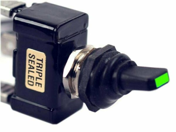 K-FOUR SWITCHES Part Number:  13-141 :  SEALED SWITCH / GREEN LED TIP/ SINGLE POLE-12V- ON-OFF/ 20AMP