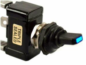 K-FOUR SWITCHES Part Number:  13-142 :  SEALED SWITCH / BLUE LED TIP/ SINGLE POLE-12V- ON-OFF/ 30AMP