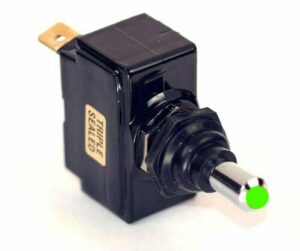 K-FOUR SWITCHES Part Number:  13-146 :  SEALED SWITCH / GREEN INCANDESCENT TIP/ SINGLE POLE-12V-OFF-ON / 15AMP