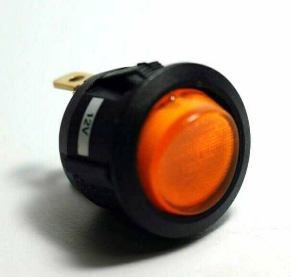 K-FOUR SWITCHES Part Number:  14-322 :  ROCKER SWITCH/ LIGHTED/ SINGLE POLE-12V-OFF-ON-10AMP/ ROUND AMBER