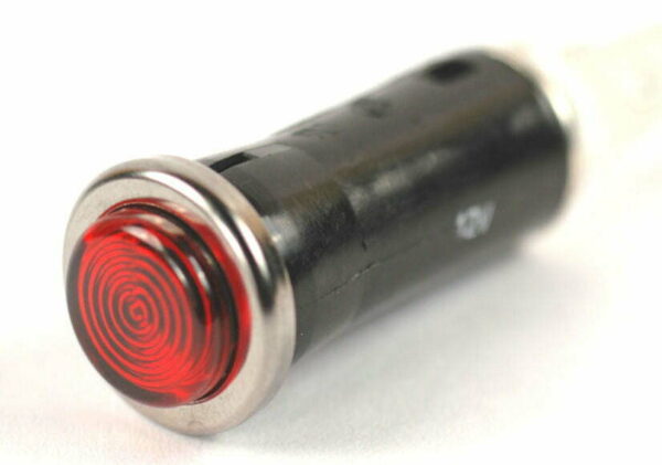 K-FOUR SWITCHES Part Number:  17-410-24V :  24V SNAP-IN INDICATOR LIGHT / 1/2 in / REPLACEABLE LAMP / CHROME BEZEL / RED