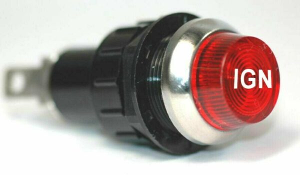K-FOUR SWITCHES Part Number:  17-430-06 :  12V LARGE INDICATOR 3/4 in / REPLACEABLE LAMP / CHROME BEZEL /RED-IGN LENS