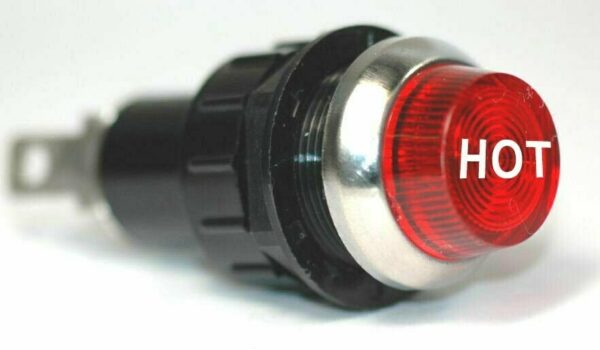 K-FOUR SWITCHES Part Number:  17-430-10 :  12V LARGE INDICATOR 3/4 in / REPLACEABLE LAMP / CHROME BEZEL /RED-HOT LENS