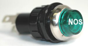 K-FOUR SWITCHES Part Number:  17-431-00 :  12V LARGE INDICATOR 3/4 in / REPLACEABLE LAMP /CHROME BEZEL /GREEN-NOS LENS