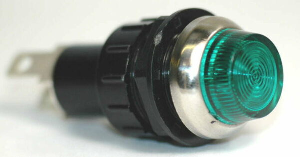 K-FOUR SWITCHES Part Number:  17-431 :  12V LARGE INDICATOR 3/4 in / REPLACEABLE LAMP / CHROME BEZEL / GREEN