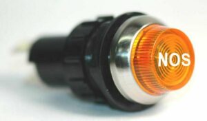 K-FOUR SWITCHES Part Number:  17-432-00 :  12V LARGE INDICATOR 3/4 in / REPLACEABLE LAMP /CHROME BEZEL /AMBER-NOS LENS