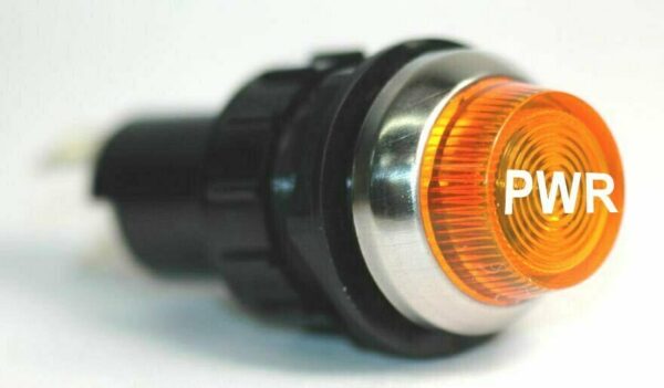 K-FOUR SWITCHES Part Number:  17-432-08 :  12V LARGE INDICATOR 3/4 in / REPLACEABLE LAMP /CHROME BEZEL /AMBER-PWR LENS