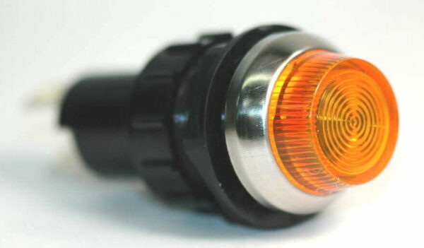 K-FOUR SWITCHES Part Number:  17-432 :  12V LARGE INDICATOR 3/4 in / REPLACEABLE LAMP / CHROME BEZEL / AMBER