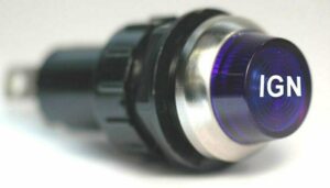 K-FOUR SWITCHES Part Number:  17-433-06 :  12V LARGE INDICATOR 3/4 in / REPLACEABLE LAMP /CHROME BEZEL /BLUE-IGN LENS