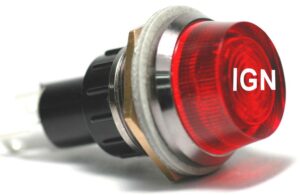 K-FOUR SWITCHES Part Number:  17-440-06 :  12V JUMBO INDICATOR 1 in / REPLACEABLE LAMP / CHROME BEZEL / RED-IGN LENS