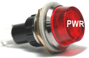 K-FOUR SWITCHES Part Number:  17-440-08 :  12V JUMBO INDICATOR 1 in / REPLACEABLE LAMP / CHROME BEZEL / RED-PWR LENS