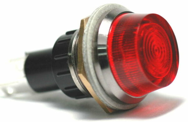 K-FOUR SWITCHES Part Number:  17-440F :  12V JUMBO INDICATOR 1 in / REPLACEABLE LAMP / CHROME BEZEL / RED / FLASHING