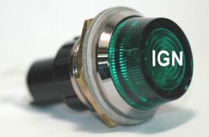 K-FOUR SWITCHES Part Number:  17-441-06 :  12V JUMBO INDICATOR 1 in / REPLACEABLE LAMP / CHROME BEZEL / GREEN-IGN LENS