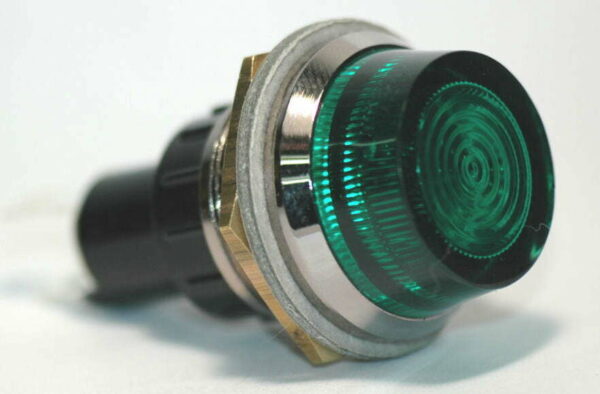 K-FOUR SWITCHES Part Number:  17-441 :  12V JUMBO INDICATOR 1 in / REPLACEABLE LAMP / CHROME BEZEL / GREEN