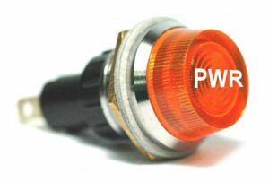 K-FOUR SWITCHES Part Number:  17-442-08 :  12V JUMBO INDICATOR 1 in / REPLACEABLE LAMP / CHROME BEZEL / AMBER-PWR LENS