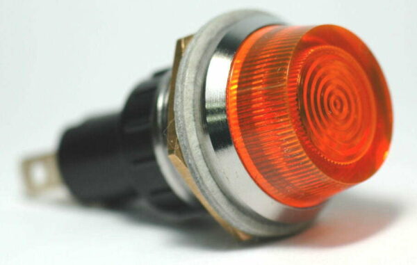K-FOUR SWITCHES Part Number:  17-442 :  12V JUMBO INDICATOR 1 in / REPLACEABLE LAMP / CHROME BEZEL / AMBER